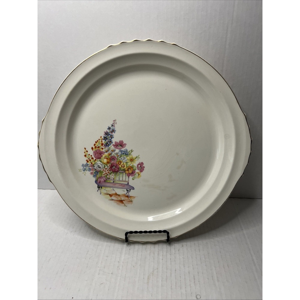 VINTAGE FRENCH SAXON CHINA  12" HANDLED PLATE Made In USA 22K Gold
